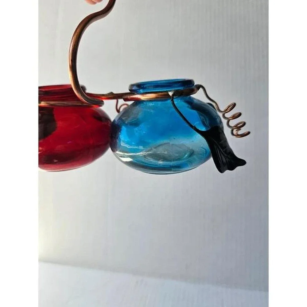 Artisan handcrafted double glass hummingbird hanging feeder copper cottagecore